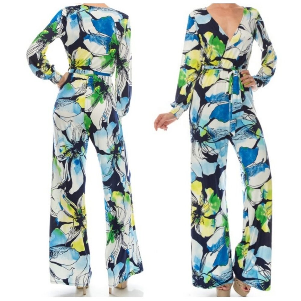 Janette Fashion Blue Watercolor Floral Long Bell Sleeve Jumpsuit